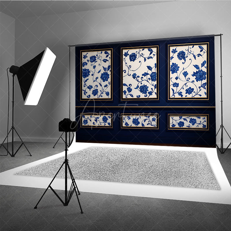 Aperturee Aperturee Elegant Blue Wall Photography Backdrop Chinoiserie Style with Floral Panels Fine Art Studio Photo Prop