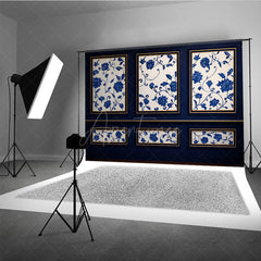 Aperturee Aperturee Elegant Blue Wall Photography Backdrop Chinoiserie Style with Floral Panels Fine Art Studio Photo Prop