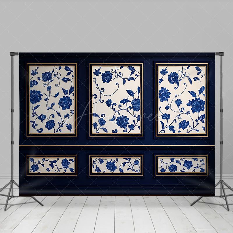 Aperturee Aperturee Elegant Blue Wall Photography Backdrop Chinoiserie Style with Floral Panels Fine Art Studio Photo Prop