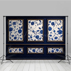 Aperturee Aperturee Elegant Blue Wall Photography Backdrop Chinoiserie Style with Floral Panels Fine Art Studio Photo Prop