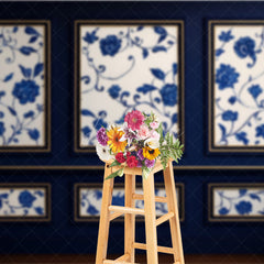 Aperturee Aperturee Elegant Blue Wall Photography Backdrop Chinoiserie Style with Floral Panels Fine Art Studio Photo Prop