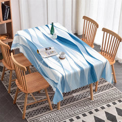 Aperturee - Aperturee Elegant Blue Wave Pattern Rectangle Tablecloth Modern Abstract Ocean Decor for Party Minimalist Home Dining Table
