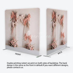 Aperturee - Aperturee Elegant Blush Pink and Cream Bows Square Double-Sided Backdrop Romantic Rose Floral Arch for Events