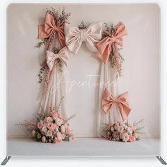 Aperturee - Aperturee Elegant Blush Pink and Cream Bows Square Double-Sided Backdrop Romantic Rose Floral Arch for Events