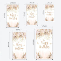 Aperturee - Aperturee Elegant Boho Blush Floral Happy Birthday Rectangle Arch Backdrop with Pampas Grass and Gold Glitter Butterflies