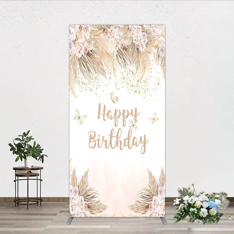 Aperturee - Aperturee Elegant Boho Blush Floral Happy Birthday Rectangle Arch Backdrop with Pampas Grass and Gold Glitter Butterflies