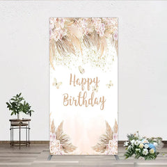 Aperturee - Aperturee Elegant Boho Blush Floral Happy Birthday Rectangle Arch Backdrop with Pampas Grass and Gold Glitter Butterflies