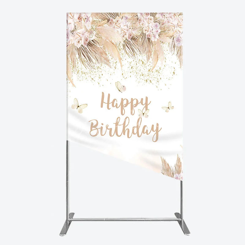 Aperturee - Aperturee Elegant Boho Blush Floral Happy Birthday Rectangle Arch Backdrop with Pampas Grass and Gold Glitter Butterflies