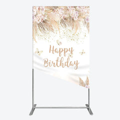 Aperturee - Aperturee Elegant Boho Blush Floral Happy Birthday Rectangle Arch Backdrop with Pampas Grass and Gold Glitter Butterflies