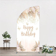 Aperturee - Aperturee Elegant Boho Happy Birthday Half Moon Arch Backdrop with Pampas Grass Roses and Butterflies