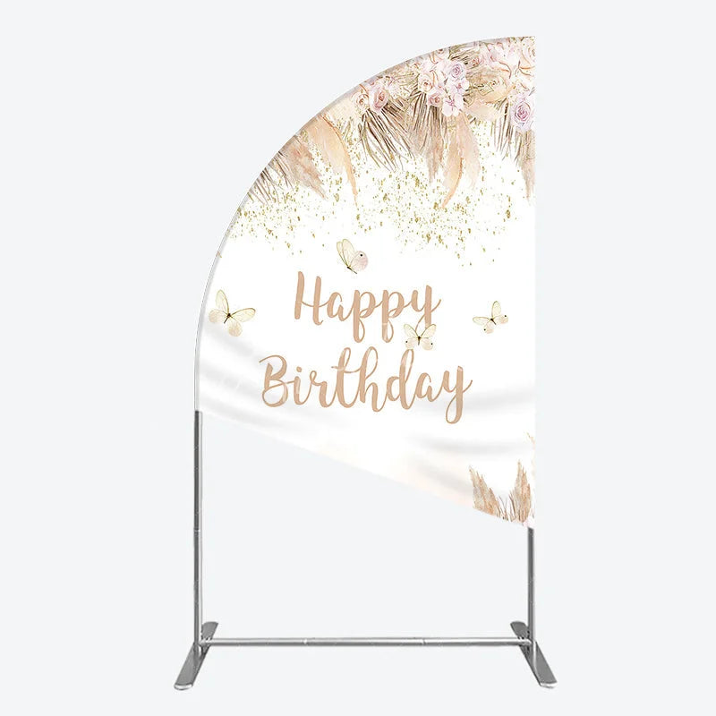 Aperturee - Aperturee Elegant Boho Happy Birthday Half Moon Arch Backdrop with Pampas Grass Roses and Butterflies