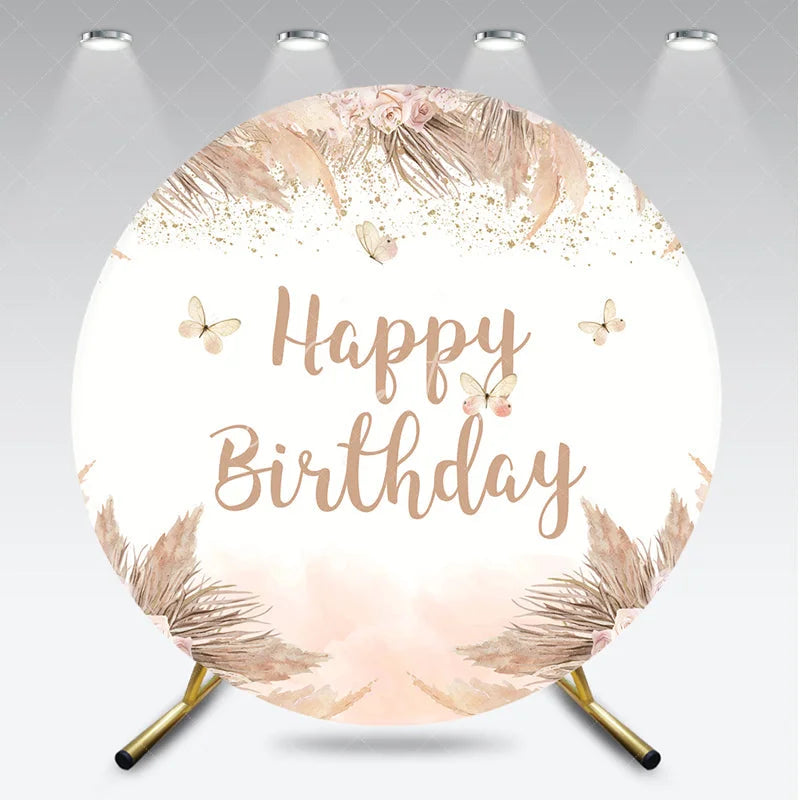 Aperturee - Aperturee Elegant Boho Happy Birthday Round Backdrop featuring Pampas Grass Blush Roses and Gold Glitter Butterflies.
