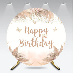 Aperturee - Aperturee Elegant Boho Happy Birthday Round Backdrop featuring Pampas Grass Blush Roses and Gold Glitter Butterflies.