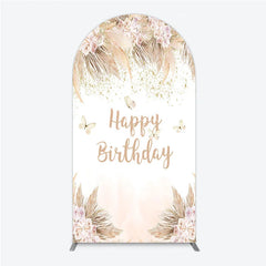 Aperturee - Aperturee Elegant Boho Pink Floral Happy Birthday Round Top Arch Backdrop featuring Pampas Grass and Gold Glitter