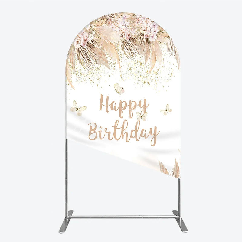 Aperturee - Aperturee Elegant Boho Pink Floral Happy Birthday Round Top Arch Backdrop featuring Pampas Grass and Gold Glitter