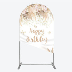Aperturee - Aperturee Elegant Boho Pink Floral Happy Birthday Round Top Arch Backdrop featuring Pampas Grass and Gold Glitter