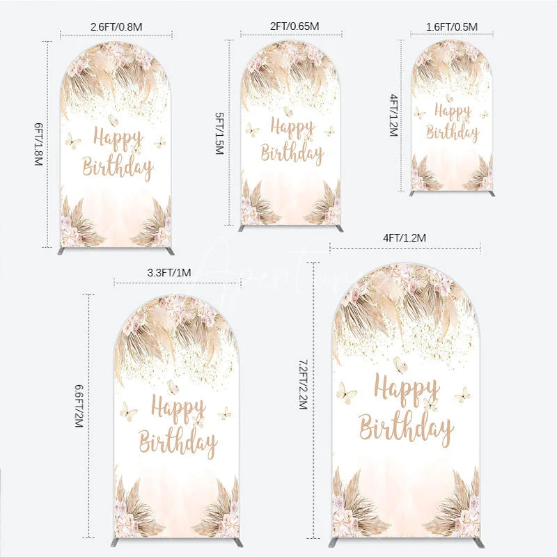 Aperturee - Aperturee Elegant Boho Pink Floral Happy Birthday Round Top Arch Backdrop featuring Pampas Grass and Gold Glitter