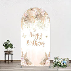 Aperturee - Aperturee Elegant Boho Pink Floral Happy Birthday Round Top Arch Backdrop featuring Pampas Grass and Gold Glitter