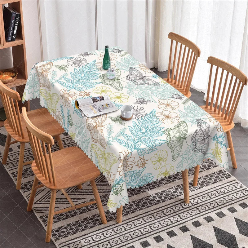 Aperturee - Aperturee Elegant Botanical Butterfly and Bee Floral Outline Rectangle Tablecloth Scalloped Edge Dining Decor