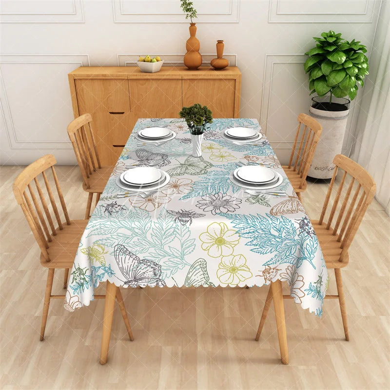 Aperturee - Aperturee Elegant Botanical Butterfly and Bee Floral Outline Rectangle Tablecloth Scalloped Edge Dining Decor