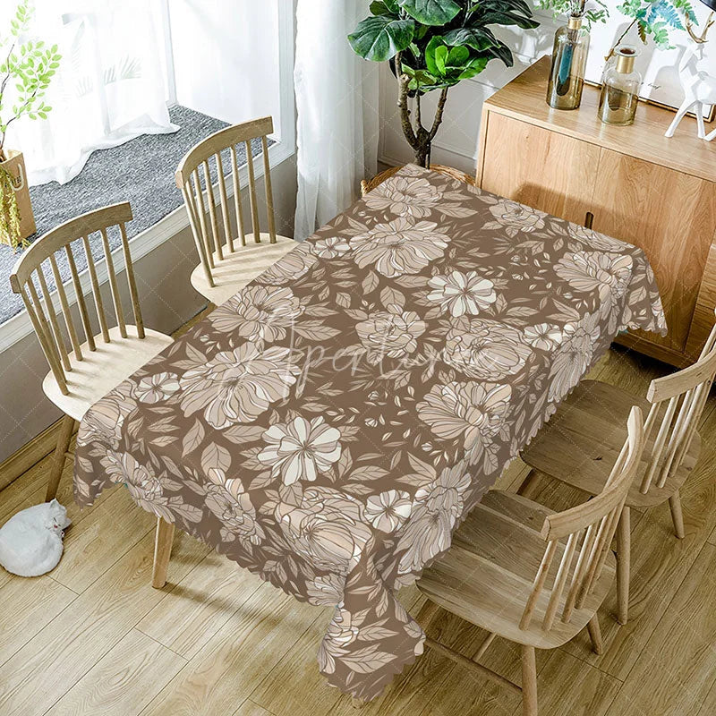 Aperturee - Aperturee Elegant Brown Floral Rectangle Tablecloth Beige Flowers Modern Farmhouse Kitchen Dining Decor