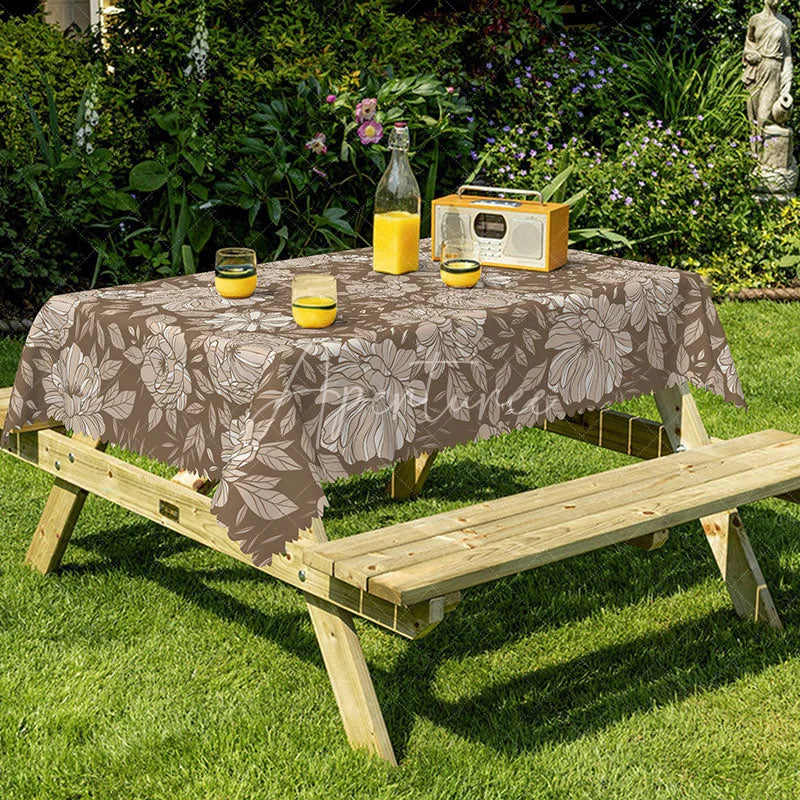 Aperturee - Aperturee Elegant Brown Floral Rectangle Tablecloth Beige Flowers Modern Farmhouse Kitchen Dining Decor