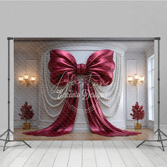 Aperturee - Aperturee Elegant Burgundy Bow and Pearl Photography Backdrop Luxury Wedding and Party Decor