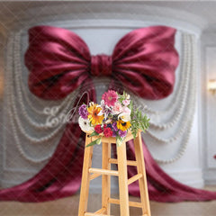 Aperturee - Aperturee Elegant Burgundy Bow and Pearl Photography Backdrop Luxury Wedding and Party Decor