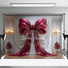 Aperturee - Aperturee Elegant Burgundy Bow and Pearl Photography Backdrop Luxury Wedding and Party Decor