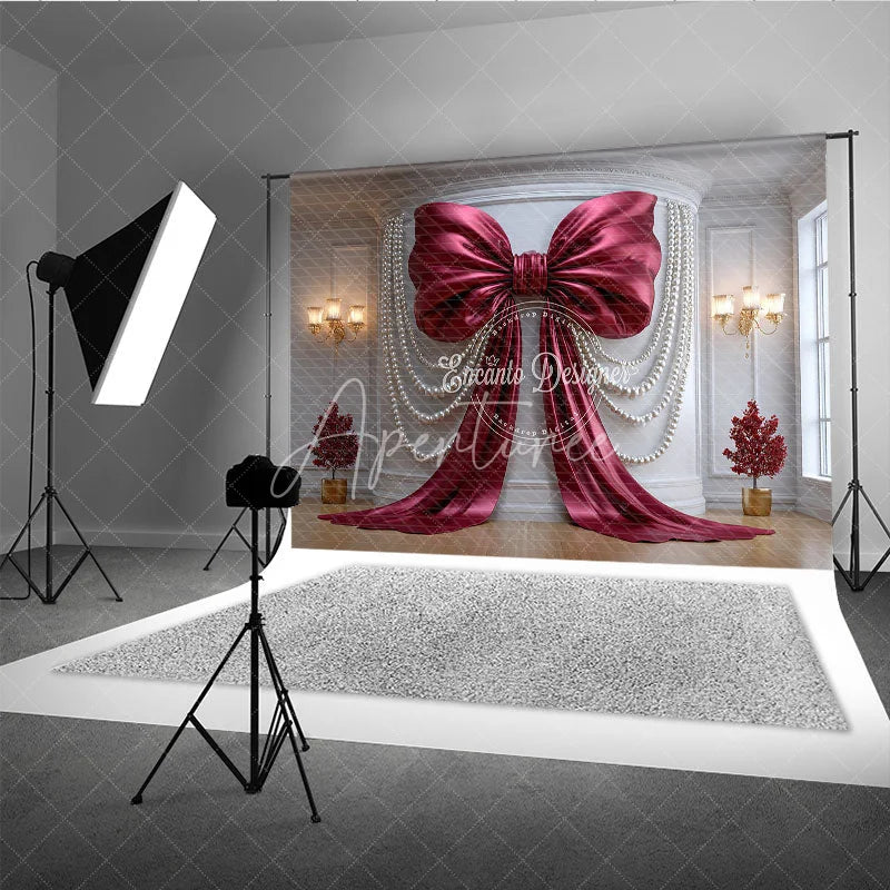 Aperturee - Aperturee Elegant Burgundy Bow and Pearl Photography Backdrop Luxury Wedding and Party Decor