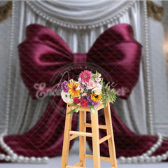 Aperturee - Aperturee Elegant Burgundy Bow with White Drapes and Gold Accents Photography Backdrop Pearl Embellishments for Celebrations