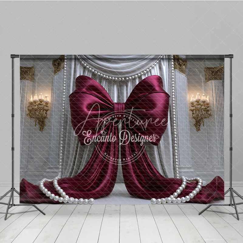 Aperturee - Aperturee Elegant Burgundy Bow with White Drapes and Gold Accents Photography Backdrop Pearl Embellishments for Celebrations