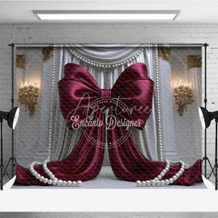 Aperturee - Aperturee Elegant Burgundy Bow with White Drapes and Gold Accents Photography Backdrop Pearl Embellishments for Celebrations