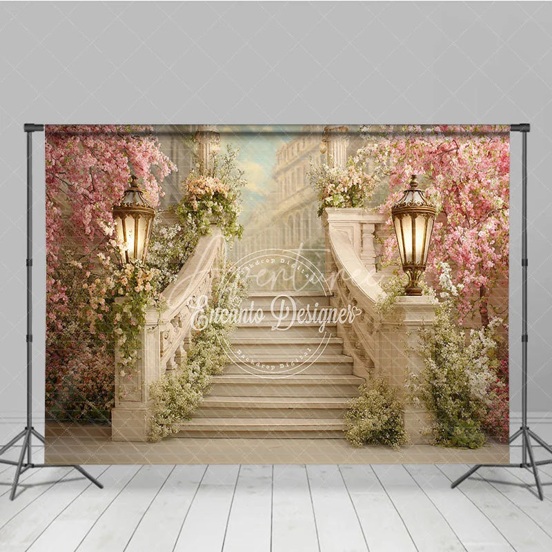 Aperturee - Aperturee Elegant Cherry Blossom Staircase Photography Backdrop Romantic Floral Garden Party Decor