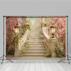Aperturee - Aperturee Elegant Cherry Blossom Staircase Photography Backdrop Romantic Floral Garden Party Decor