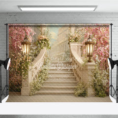 Aperturee - Aperturee Elegant Cherry Blossom Staircase Photography Backdrop Romantic Floral Garden Party Decor