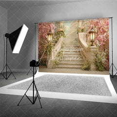 Aperturee - Aperturee Elegant Cherry Blossom Staircase Photography Backdrop Romantic Floral Garden Party Decor