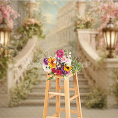 Aperturee - Aperturee Elegant Cherry Blossom Staircase Photography Backdrop Romantic Floral Garden Party Decor