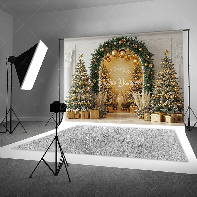 Aperturee - Aperturee Elegant Christmas Arch Photography Backdrop Gold Ornaments with Pampas Grass Modern Holiday Photo Background