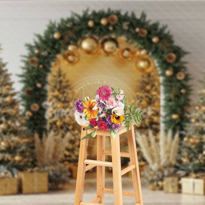 Aperturee - Aperturee Elegant Christmas Arch Photography Backdrop Gold Ornaments with Pampas Grass Modern Holiday Photo Background