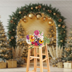 Aperturee - Aperturee Elegant Christmas Arch Photography Backdrop Gold Ornaments with Pampas Grass Modern Holiday Photo Background