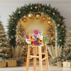 Aperturee - Aperturee Elegant Christmas Arch Photography Backdrop Gold Ornaments with Pampas Grass Modern Holiday Photo Background