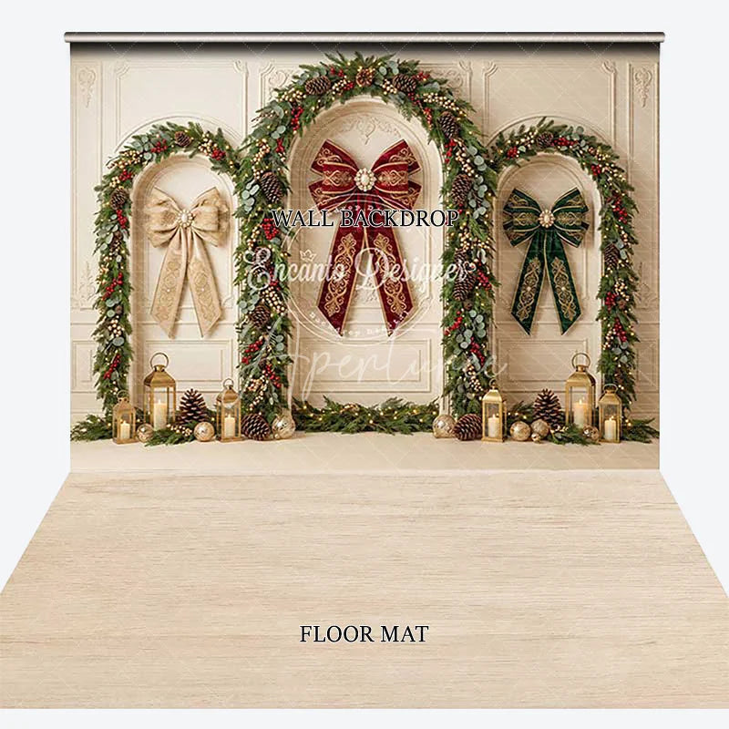 Aperturee - Aperturee Elegant Christmas Arches with Festive Garlands and Red Green Gold Bows Combo Set Backdrop Holiday Party Decor