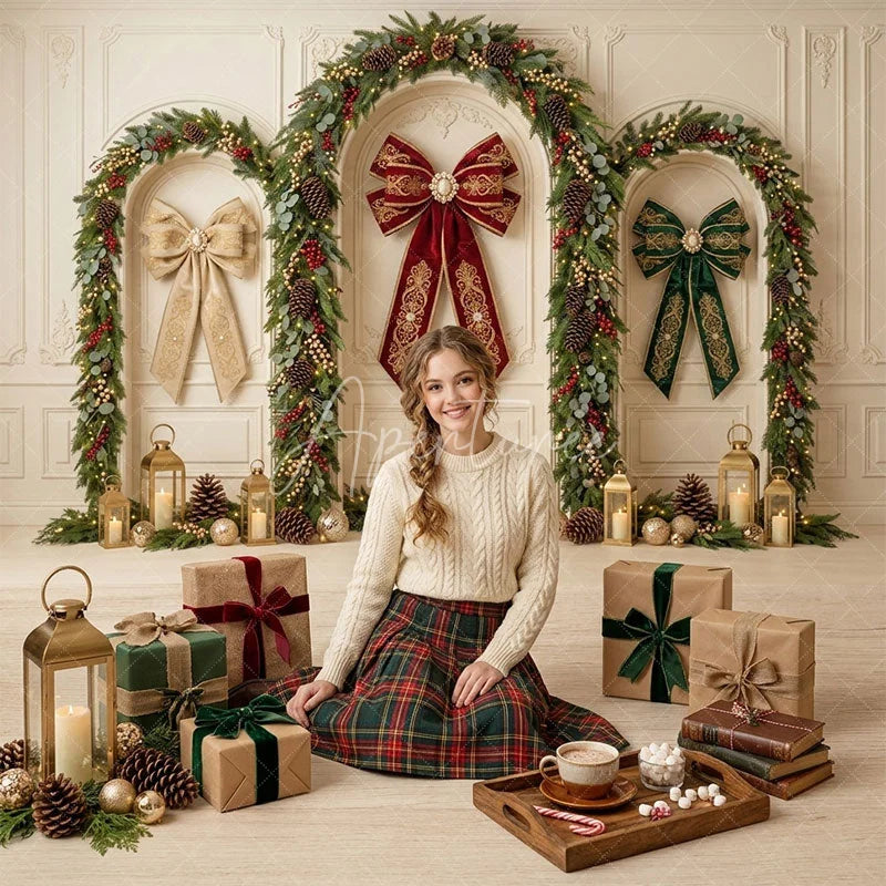Aperturee - Aperturee Elegant Christmas Arches with Festive Garlands and Red Green Gold Bows Combo Set Backdrop Holiday Party Decor