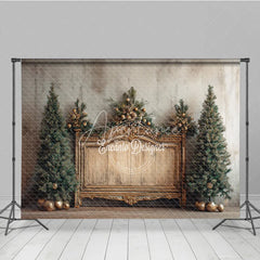 Aperturee - Aperturee Elegant Christmas Backdrop Vintage Gold Bench with Xmas Trees Rustic Farmhouse Holiday Photo Booth Props