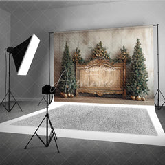 Aperturee - Aperturee Elegant Christmas Backdrop Vintage Gold Bench with Xmas Trees Rustic Farmhouse Holiday Photo Booth Props