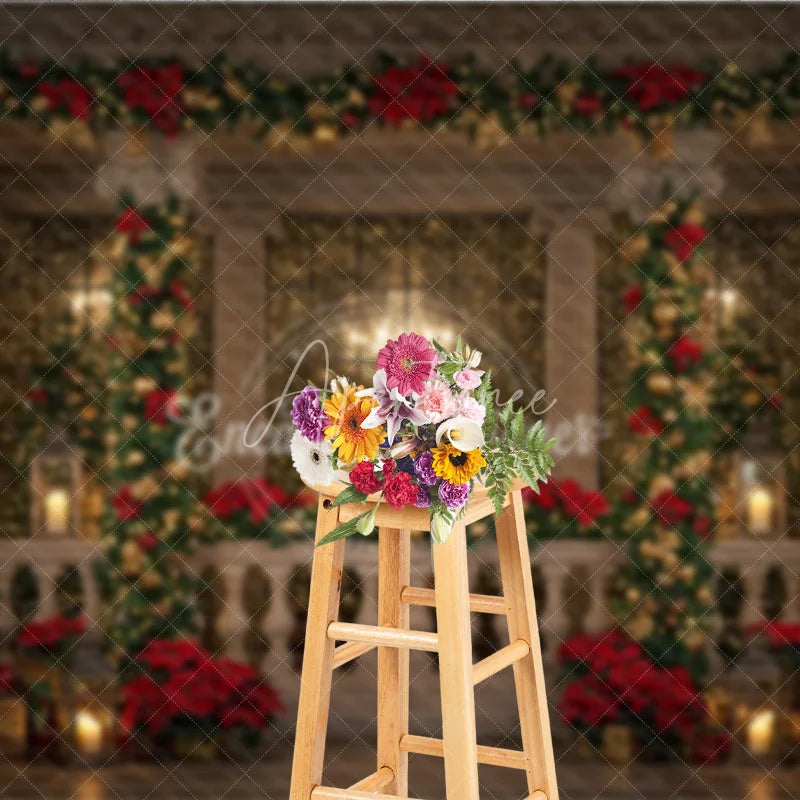 Aperturee - Aperturee Elegant Christmas Balcony Photography Backdrop Columns with Poinsettia Garland Holiday Fairy Lights Photo Background