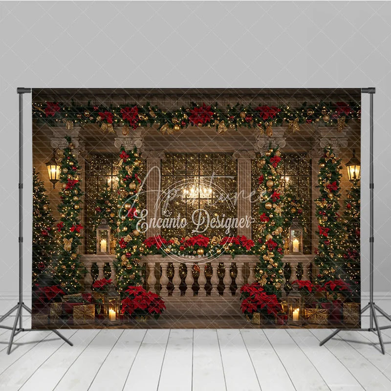Aperturee - Aperturee Elegant Christmas Balcony Photography Backdrop Columns with Poinsettia Garland Holiday Fairy Lights Photo Background