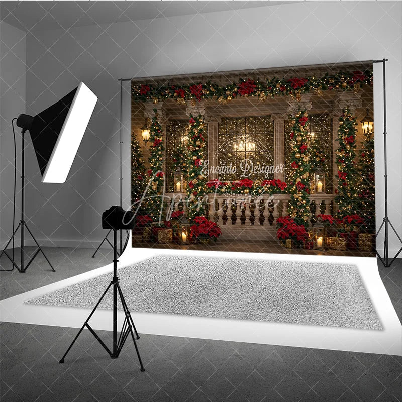Aperturee - Aperturee Elegant Christmas Balcony Photography Backdrop Columns with Poinsettia Garland Holiday Fairy Lights Photo Background