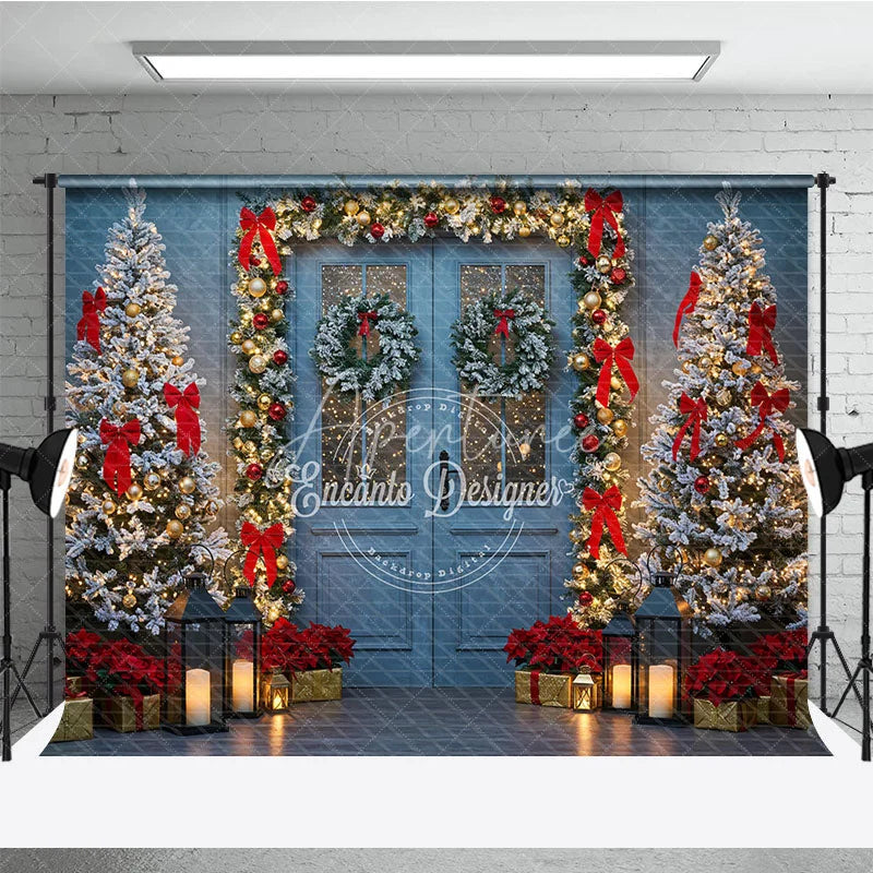 Aperturee - Aperturee Elegant Christmas Door Photography Backdrop Blue Door in Snow with Garland Winter Holiday Photo Background